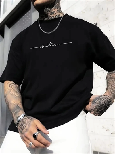 Baskılı Oversize Bisiklet Yaka T-shirt - Siyah