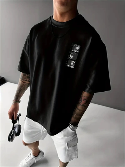 Baskılı Oversize Bisiklet Yaka T-shirt - Siyah