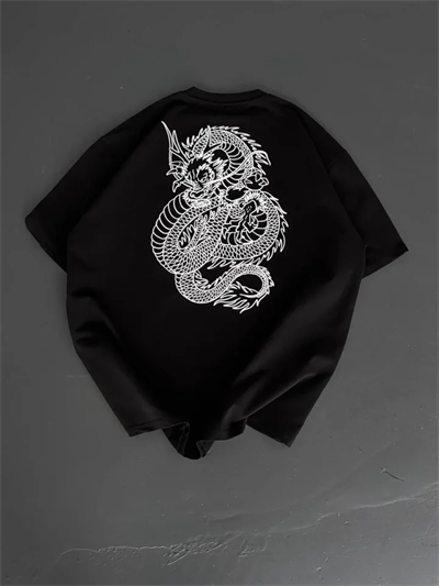 Baskılı Oversize Bisiklet Yaka T-shirt - Siyah