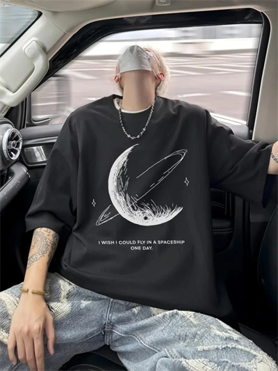 Baskılı Oversize Bisiklet Yaka T-shirt - Siyah