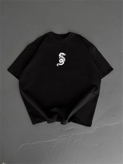 Baskılı Oversize Bisiklet Yaka T-shirt - Siyah