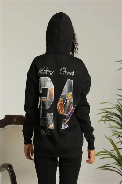 Baskılı Oversize Üç İplik Kapüşonlu Sweatshirt - Siyah