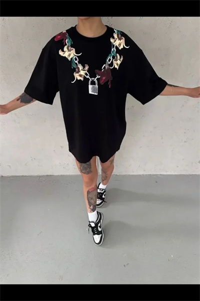 Baskılı T-Shirt Kısa Kol Bisiklet Yaka Regular Rahat Kalıp Günlük Tişört - Siyah