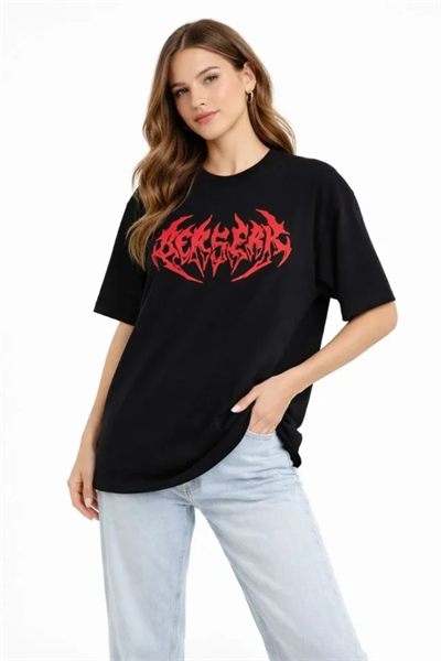 Baskılı T-Shirt Yazlık Kısa Kol Bisiklet Yaka Rahat Kalıp Tişört - Siyah