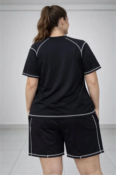 Battal Beden Kısa Kollu Tişört Şort Takım Kontrast Dikiş Detaylı Günlük Ev Giyimi - Siyah