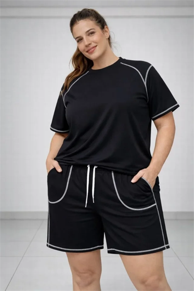 Battal Beden Kısa Kollu Tişört Şort Takım Kontrast Dikiş Detaylı Günlük Ev Giyimi - Siyah