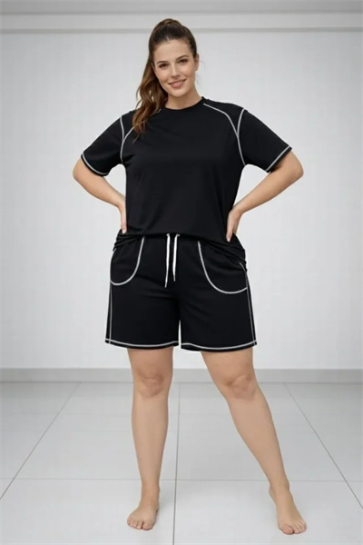 Battal Beden Kısa Kollu Tişört Şort Takım Kontrast Dikiş Detaylı Günlük Ev Giyimi - Siyah