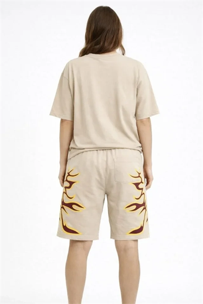 Bej Oversize Baskılı Tişört Şort Takım Cepli Şort Yazlık Rahat Günlük Kombin - Bej