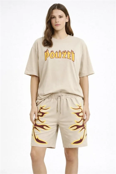 Bej Oversize Baskılı Tişört Şort Takım Cepli Şort Yazlık Rahat Günlük Kombin - Bej