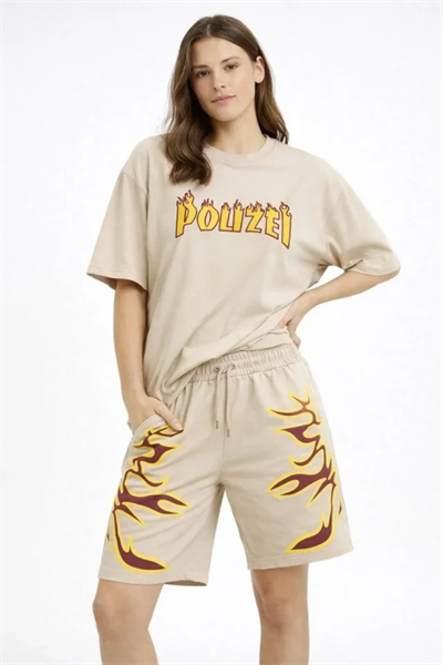 Bej Oversize Baskılı Tişört Şort Takım Cepli Şort Yazlık Rahat Günlük Kombin - Bej