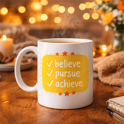 Believe Pursue Achieve Yazılı Porselen Kupa MODEL 124 – Motive Edici Tasarım, İlham Veren Kahve & Çay Kupası, Özel Hediye