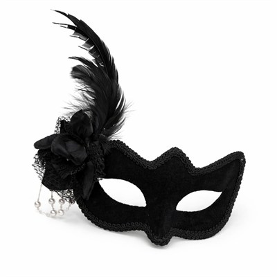 Beyaz İnci Detaylı Siyah Süet Venedik Kadın Maskesi Tüylü Güllü