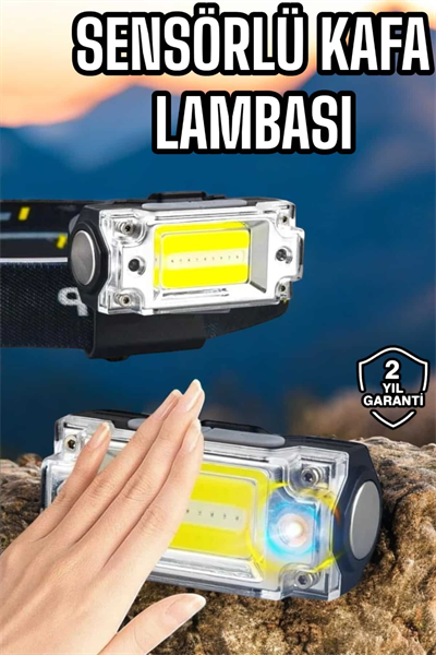 Beyaz Led Işık Sensörlü Kafa Lambası Lityum Batarya Led El Fenerli Şarjlı
