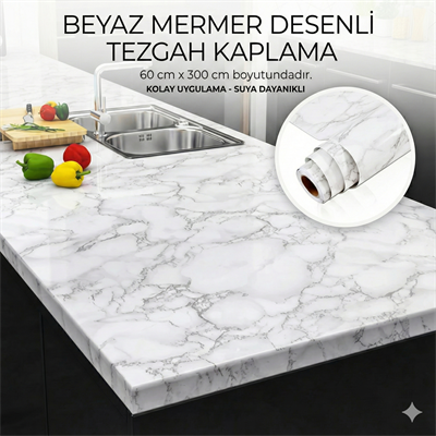 Beyaz Mermer Desenli Yapışkanlı Tezgah Folyosu (3 mt.x 60 cm)