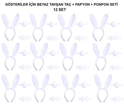 Beyaz Tavşan Kostüm Seti – Taç, Papyon, Kuyruk (12’li Paket)