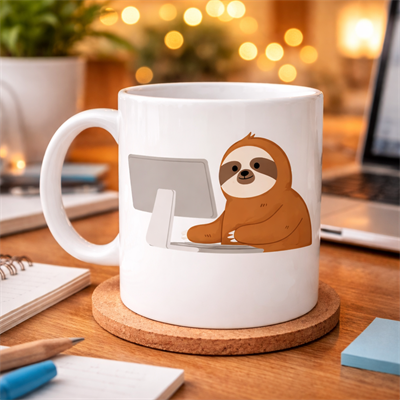 Bilgisayar Başında Tembel Hayvan Desenli Porselen Kupa MODEL 113 – Sevimli Sloth Tasarımlı Ofis & Kahve Kupası , Eğlenceli Hediye