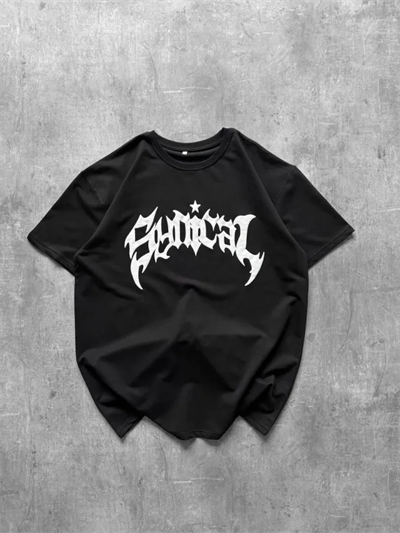 Bisiklet Yaka Ön Baskılı  Kısa Kollu Tişört Streetwear Günlük Basic Pamuklu T-shirt - Siyah