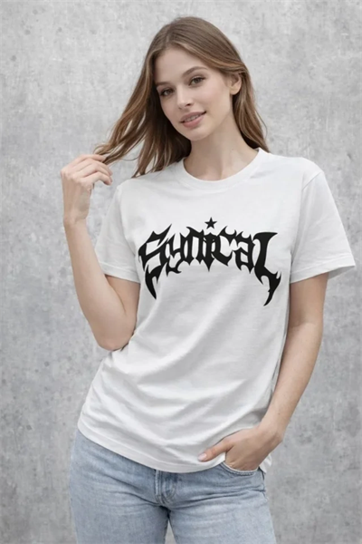 Bisiklet Yaka Ön Baskılı Kısa Kollu Tişört Streetwear Günlük Basic Pamuklu T-shirt - Beyaz