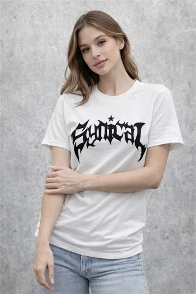 Bisiklet Yaka Ön Baskılı Kısa Kollu Tişört Streetwear Günlük Basic Pamuklu T-shirt - Beyaz