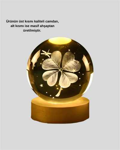 Bitki Temalı LED Işıklı Cam Küre Ahşap Standlı Modern Gece Lambası