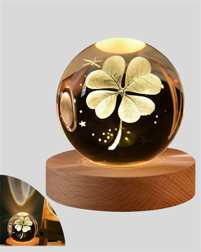 Bitki Temalı LED Işıklı Cam Küre Ahşap Standlı Modern Gece Lambası
