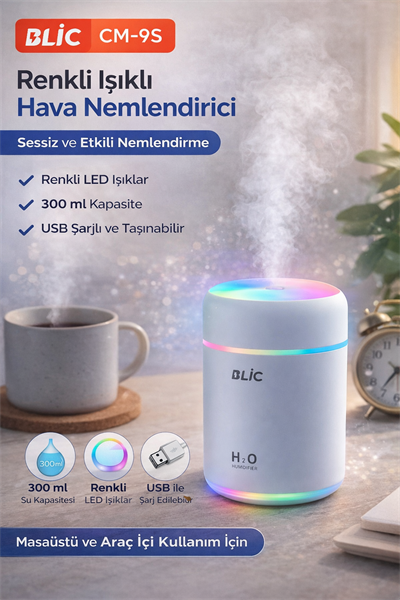 Blic CM-9S Renkli Işıklı Hava Nemlendirici 300 ml USB Şarjlı Mini Masaüstü Nemlendirici