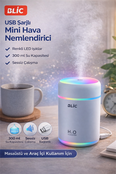 Blic CM-9S Renkli Işıklı Hava Nemlendirici 300 ml USB Şarjlı Mini Masaüstü Nemlendirici