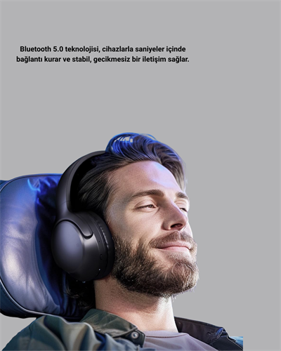 Bluetooth 5.0 Siyah Kablosuz Kulaklık 18 Saat Batarya Katlanabilir Tasarım