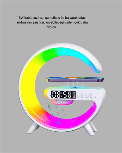 Bluetooth Hoparlörlü RGB Atmosfer Lambası Kablosuz Şarj ve Saat Özellikli