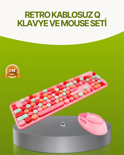 Bluetooth Retro Kablosuz Klavye ve Mouse Seti – 3 Cihaz Bağlantılı, Sessiz Tuş, Uzun Pil Ömrü