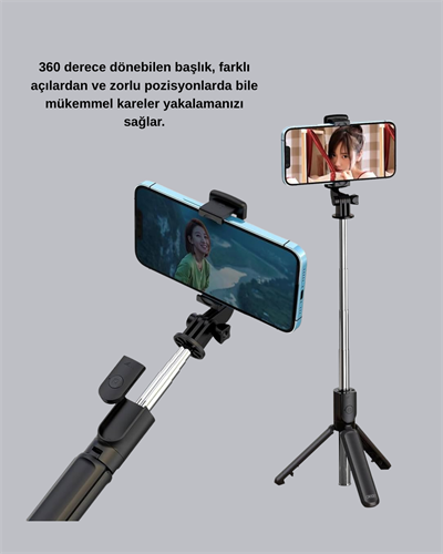 Bluetooth Selfie Çubuğu – 360° Dönebilen Başlık, Kablosuz Bağlantı