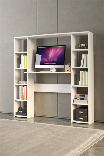 Çalışma Masası 10 Raflı Kitaplık Raf Beyaz