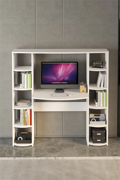 Çalışma Masası 10 Raflı Kitaplık Raf Beyaz