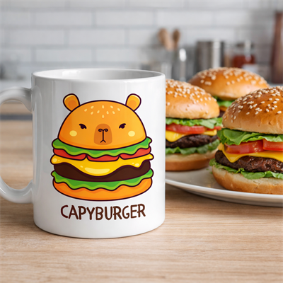 Capyburger Tasarım Kupa Model 230 Sevimli Kapibara Burger Baskılı Seramik Kahve Kupası