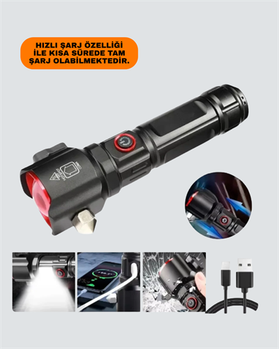 Çekiçli Pusulalı Acil Durum Feneri USB Şarjlı Çok Fonksiyonlu