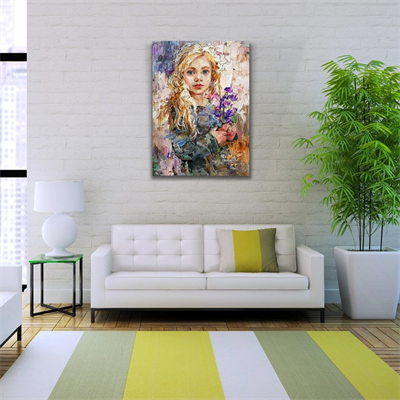 Çiçek Demeti Tutan Kadın Portresi Yağlıboya Kanvas Tablo 50 x 70