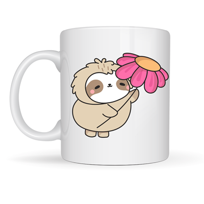 Çiçek Tutan Tembel Hayvan Tasarımlı Porselen Kupa MODEL 107 – Sevimli Kahve Kupası , Hediye & Dekoratif Kupa