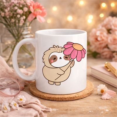 Çiçek Tutan Tembel Hayvan Tasarımlı Porselen Kupa MODEL 107 – Sevimli Kahve Kupası , Hediye & Dekoratif Kupa