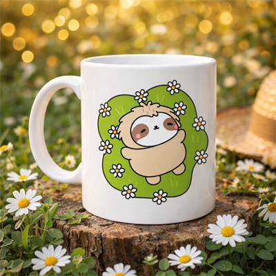 Çiçekli Tembel Hayvan Desenli Porselen Kupa MODEL 110 – Sevimli Sloth Tasarımlı Kahve Kupası , Huzur Veren Hediye