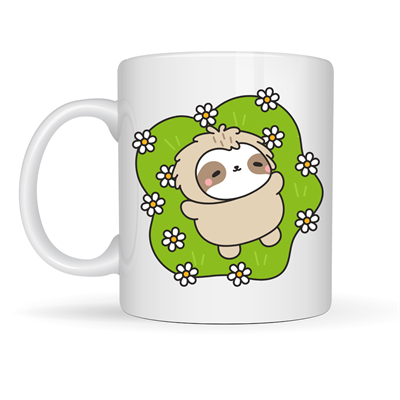 Çiçekli Tembel Hayvan Desenli Porselen Kupa MODEL 110 – Sevimli Sloth Tasarımlı Kahve Kupası , Huzur Veren Hediye