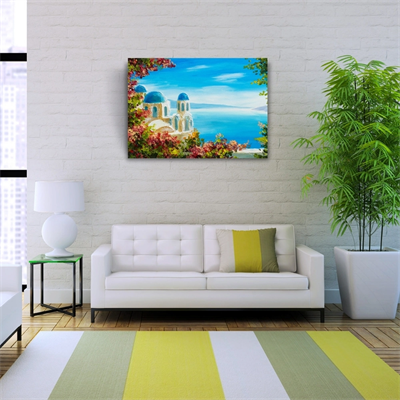 Çiçekli Terasta Mikanos ve Deniz Manzarası Yağlıboya Kanvas Tablo 50 x 70