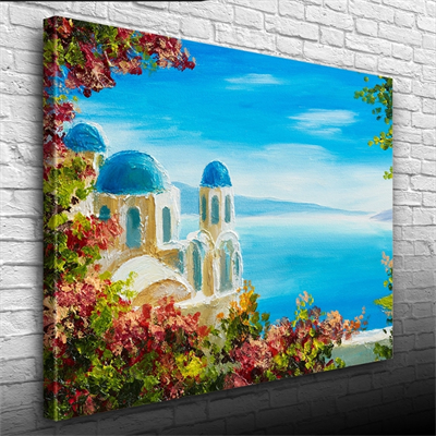 Çiçekli Terasta Mikanos ve Deniz Manzarası Yağlıboya Kanvas Tablo 50 x 70