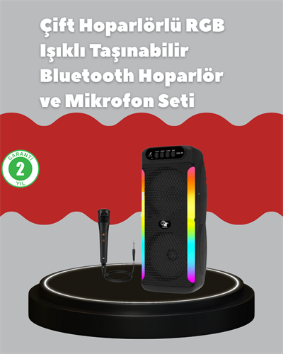 Çift 4 inç Hoparlörlü RGB Işıklı Bluetooth Ses Sistemi