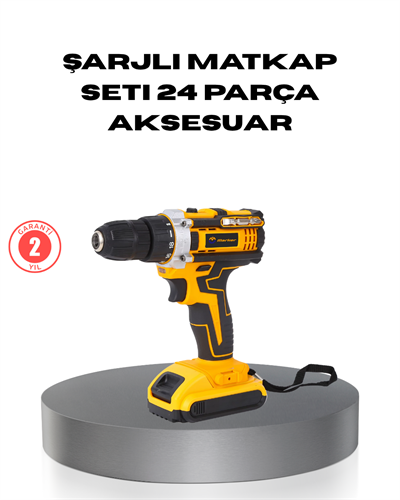Çift Bataryalı Darbeli Şarjlı Matkap Seti – Metal Dişli, 24 Parça Aksesuar ve LED Işıklı
