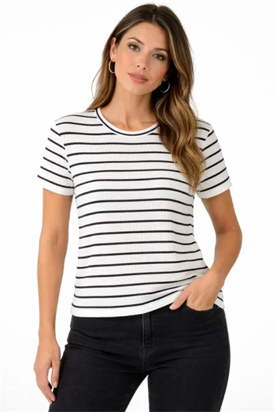 Çizgili Yazlık Triko T-Shirt Bisiklet Yaka Rahat Kalıp Tişört - Beyaz