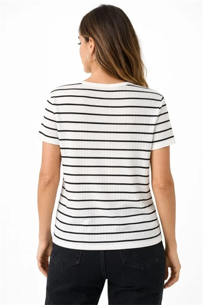Çizgili Yazlık Triko T-Shirt Bisiklet Yaka Rahat Kalıp Tişört - Beyaz