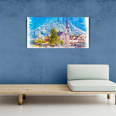 Dağ ve göl temalı Kasaba Yağlıboya Görünümlü Kanvas Tablo 60 x 120