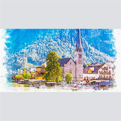 Dağ ve göl temalı Kasaba Yağlıboya Görünümlü Kanvas Tablo 60 x 120