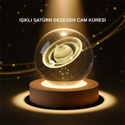 Dekoratif 3D Satürn Motifli Kristal Küre Işıklı Gece Lambası