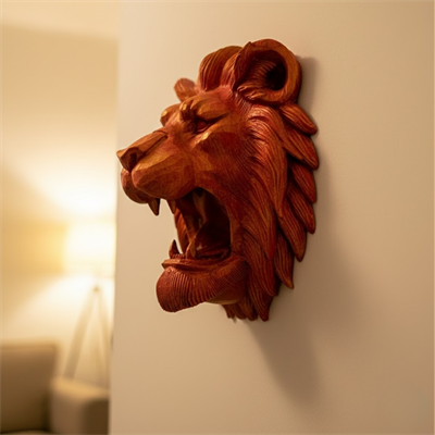 Dekoratif Asılabilir Aslan Başı 3D Duvar Heykeli Gold Red 20x21 cm